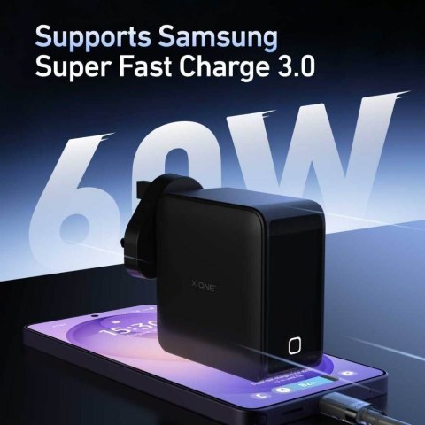 Ładowarka sieciowa X-ONE ChargeGo GaN 65W ze zwijanym kablem USB C i portem typ C - czarna