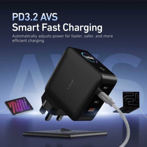 Ładowarka sieciowa X-ONE ChargeGo GaN 65W ze zwijanym kablem USB C i portem typ C - czarna