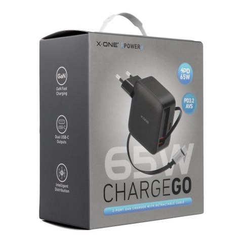 Ładowarka sieciowa X-ONE ChargeGo GaN 65W ze zwijanym kablem USB C i portem typ C - czarna