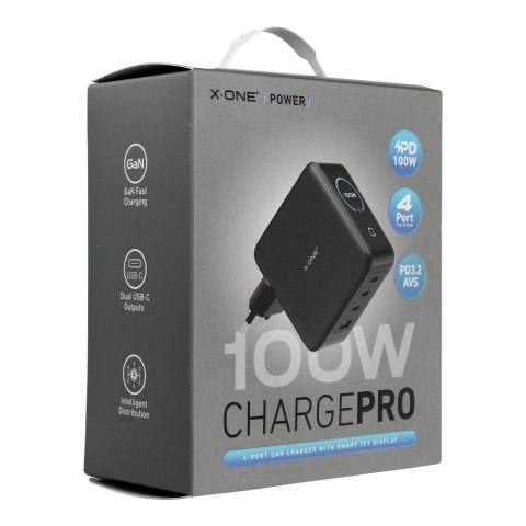 Ładowarka sieciowa X-ONE ChargePro GaN z LCD 100W 3x USB C 1x USB A - czarna