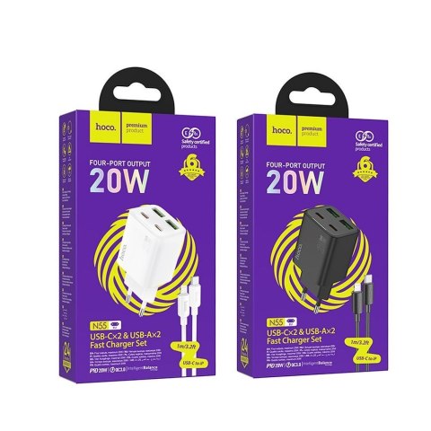 Ładowarka sieciowa do telefonu Hoco 2 x USB C + 2 x USB A QC3.0 PD 3A 20W + kabel USB C do Lightning N55 czarna