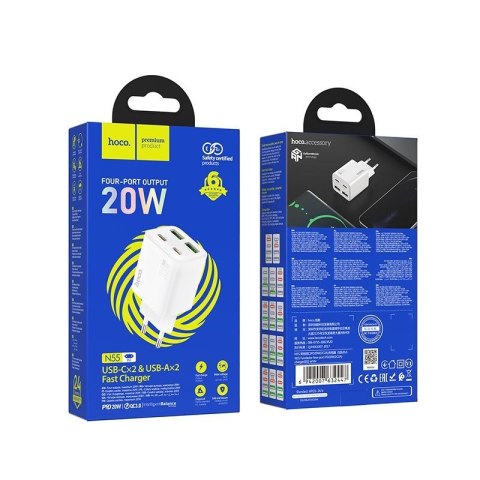 Ładowarka sieciowa do telefonu Hoco 2 x USB C + 2 x USB A QC3.0 PD 3A 30W N56 biała