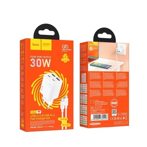 Ładowarka sieciowa do telefonu Hoco 2 x USB C + 2 x USB A QC3.0 PD 3A 30W + kabel USB C do USB C N56 biała