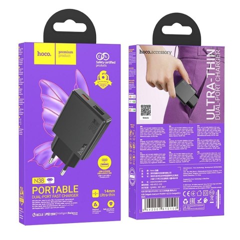 Ładowarka sieciowa do telefonu Hoco Slim USB A + USB C QC3.0 PD 3A 20W N38 czarna
