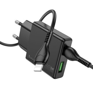 Ładowarka sieciowa do telefonu Hoco Slim USB A + USB C QC3.0 PD 3A 20W + kabel USB C do Lightning N38 czarna