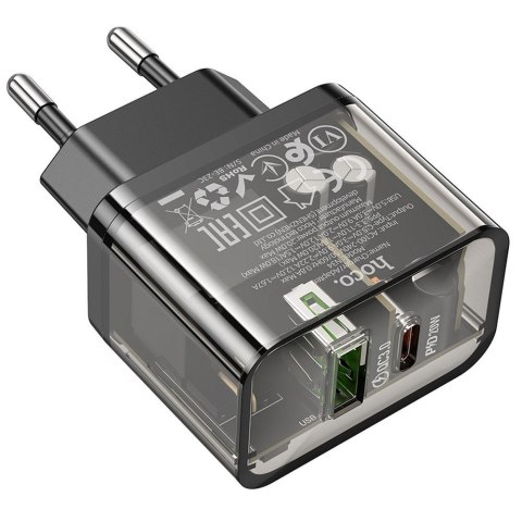 Ładowarka sieciowa do telefonu Hoco USB A + USB C QC3.0 PD 3A 20W N34 transparentna