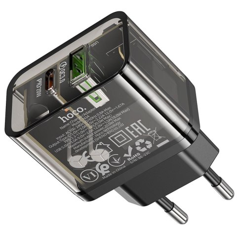 Ładowarka sieciowa do telefonu Hoco USB A + USB C QC3.0 PD 3A 20W N34 transparentna