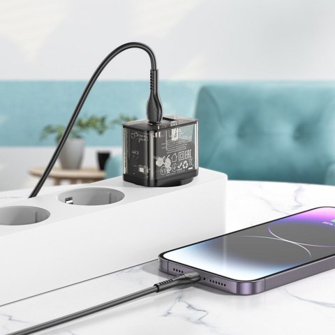 Ładowarka sieciowa do telefonu Hoco USB A + USB C QC3.0 PD 3A 20W N34 transparentna