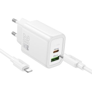 Ładowarka sieciowa do telefonu Hoco USB A + USB C QC3.0 PD 3A 20W + kabel USB C do Lightning N61 biała