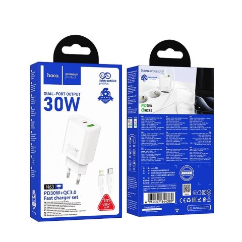 Ładowarka sieciowa do telefonu Hoco USB A + USB C QC3.0 PD 3A 30W + kabel USB C do Lightning N63 biała