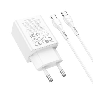 Ładowarka sieciowa do telefonu Hoco USB A + USB C QC3.0 PS AFC 3A 30W + kabel USB C do USB C N71 biała
