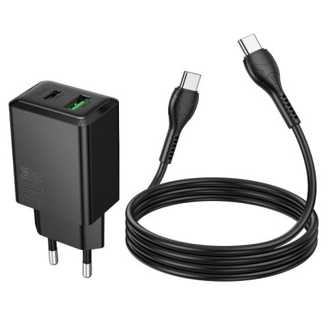 Ładowarka sieciowa do telefonu Hoco USB A + USB C QC3.0 PS AFC 3A 30W + kabel USB C do USB C N71 czarna