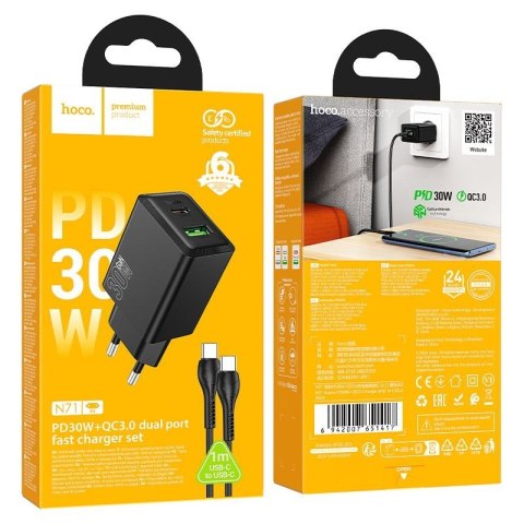 Ładowarka sieciowa do telefonu Hoco USB A + USB C QC3.0 PS AFC 3A 30W + kabel USB C do USB C N71 czarna