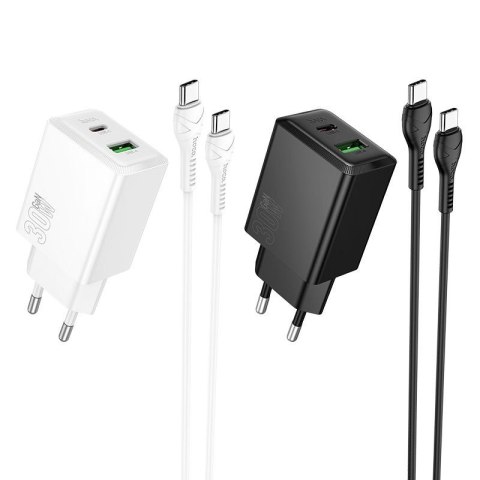 Ładowarka sieciowa do telefonu Hoco USB A + USB C QC3.0 PS AFC 3A 30W + kabel USB C do USB C N71 czarna