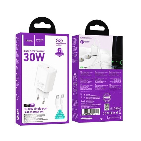 Ładowarka sieciowa do telefonu Hoco USB C QC PD 30W + kabel USB C do USB C N62 biała