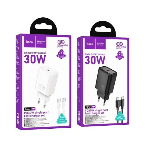 Ładowarka sieciowa do telefonu Hoco USB C QC PD 30W + kabel USB C do USB C N62 biała