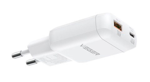 Ładowarka sieciowa do telefonu VEGER USB A + Typ C PD 45W + kabel Typ C do C 100W TR121 biała