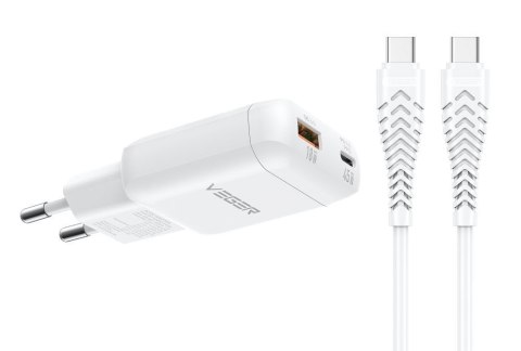 Ładowarka sieciowa do telefonu VEGER USB A + Typ C PD 45W + kabel Typ C do C 100W TR121 biała
