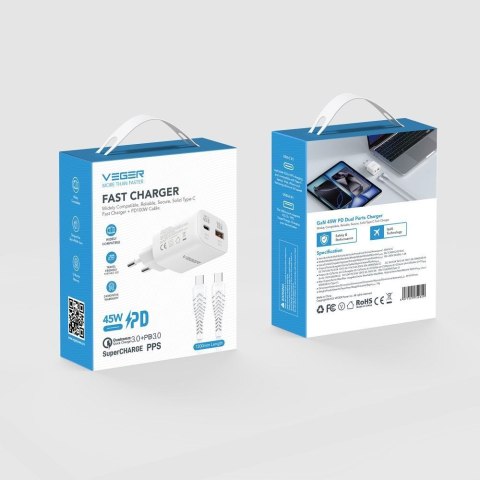 Ładowarka sieciowa do telefonu VEGER USB A + Typ C PD 45W + kabel Typ C do C 100W TR121 biała