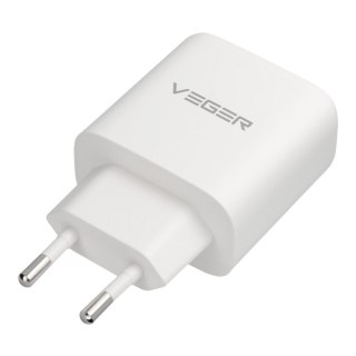 Ładowarka sieciowa do telefonu VEGER USB A + Typ C PD QC3.0 3,25A 65W + kabel USB C do USB C TR67 biała
