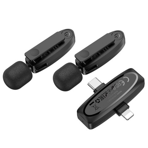 Mikrofon krawatowy bezprzewodowy Lightning / USB C Hoco 2 szt L15 czarny