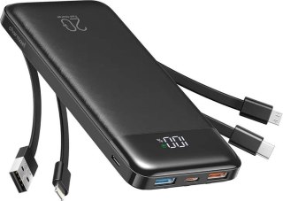 Powerbank 5V 3A 10000 mAh z wbudowanymi kablami USB A / USB C / Lightning / Micro USB Charmast W1148 czarny OINT