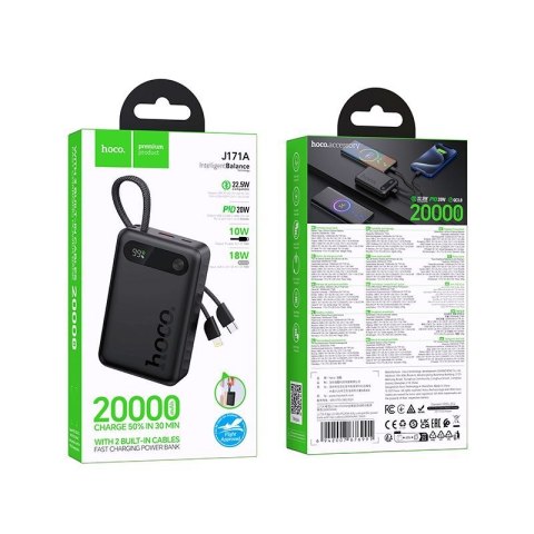 Powerbank Hoco 20000 mAh QC PD 2A 22,5W z wbudowanymi kablami USB C + Lightning J171A czarny
