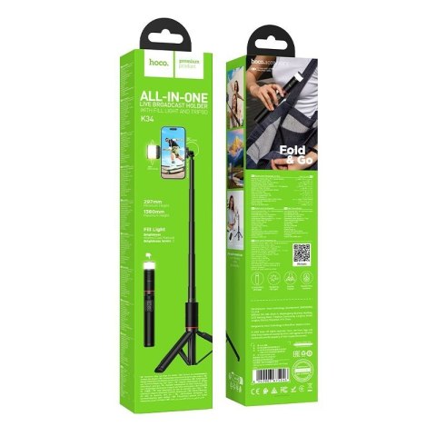 Selfie stick tripod z pilotem bezprzewodowym + światłem LED Hoco K34 czarny
