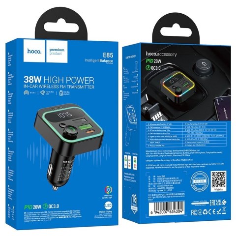 Transmiter samochodowy bluetooth Hoco QC3.0 PD 20W E85 czarny