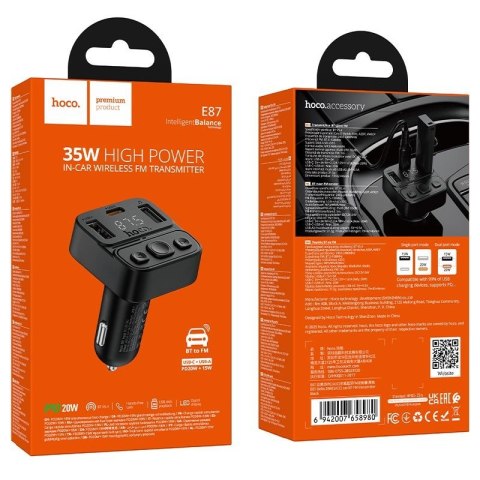 Transmiter samochodowy bluetooth Hoco USB A + USB C QC PD 35W E87 czarny