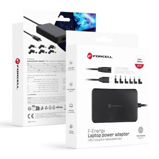 Uniwersalny zasilacz do laptopa 65W Forcell F-Energy USB C + 6 końcówek E856 czarny