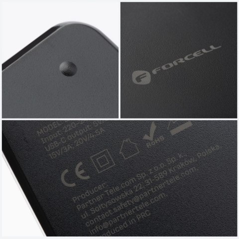 Uniwersalny zasilacz do laptopa 65W Forcell F-Energy USB C + 6 końcówek E856 czarny