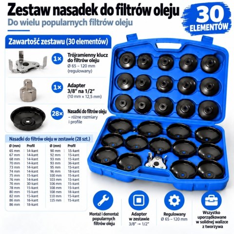 Zestaw kluczy do filtrów oleju BITUXX 30 el. nasadki 65-120 mm adapter CrV 30szt