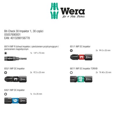 Zestaw bitów udarowych WERA 30szt. końcówek udarowych 1/4' Bit-Check 30 Impaktor 1, Wera 05057690001