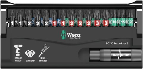 Zestaw bitów udarowych WERA 30szt. końcówek udarowych 1/4' Bit-Check 30 Impaktor 1, Wera 05057690001