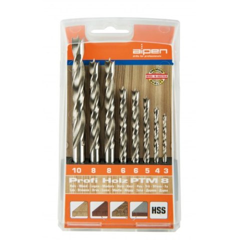 Komplet wierteł krętych do drewna 3-10 mm, HSS, 8szt. PTM 8, Profi Holz, ALPEN 0000600093100